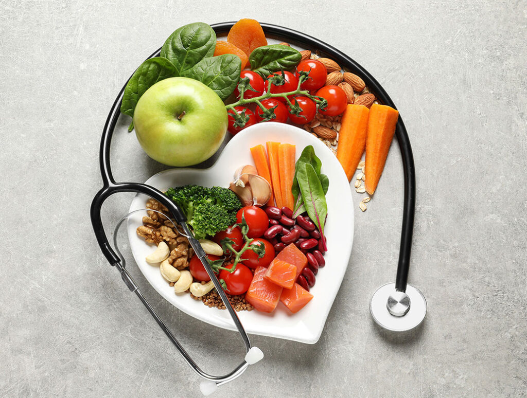 Flat lay composition with plate of products for heart healthy di